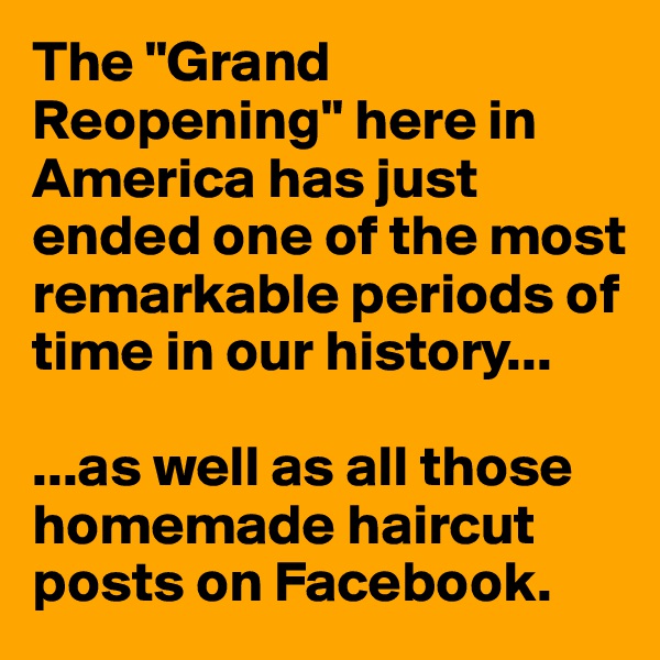 The "Grand Reopening" here in America has just ended one of the most remarkable periods of time in our history...

...as well as all those homemade haircut posts on Facebook.