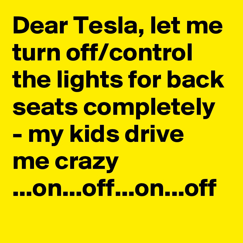 Dear Tesla, let me turn off/control the lights for back seats completely - my kids drive me crazy
...on...off...on...off