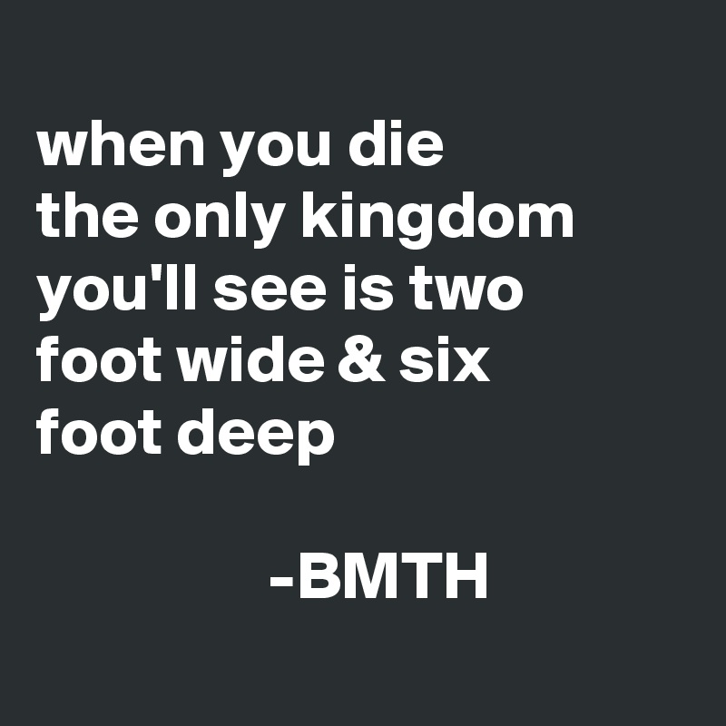 
when you die
the only kingdom
you'll see is two
foot wide & six 
foot deep
                                                                 -BMTH
