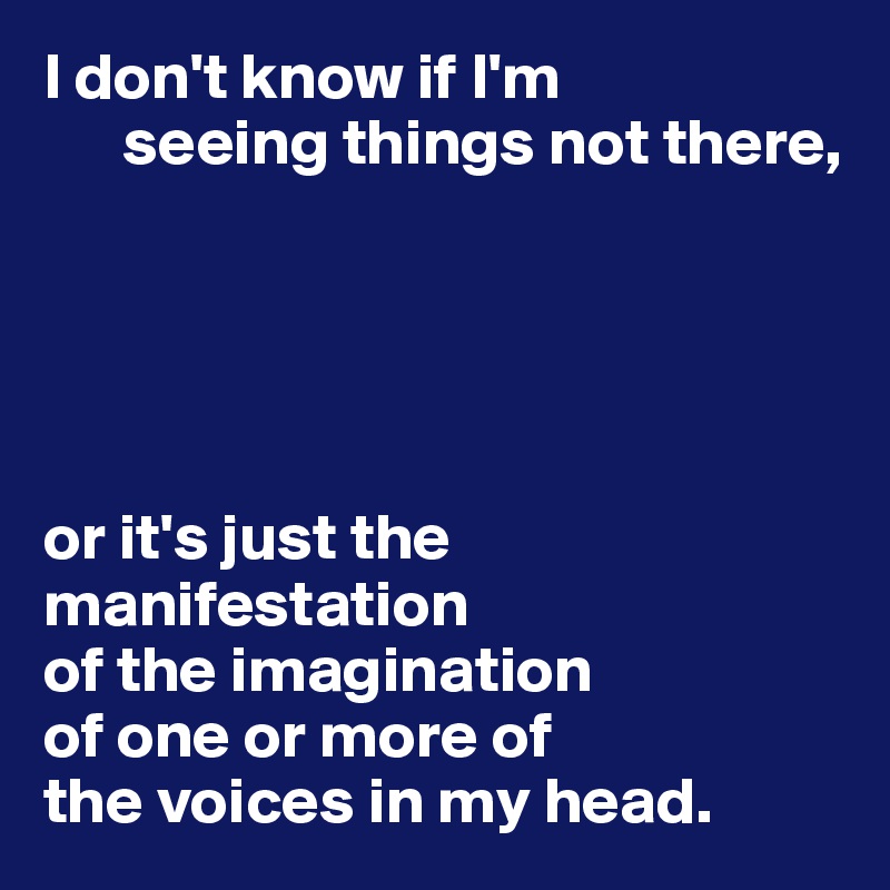 I don't know if I'm 
      seeing things not there,





or it's just the manifestation 
of the imagination 
of one or more of 
the voices in my head.