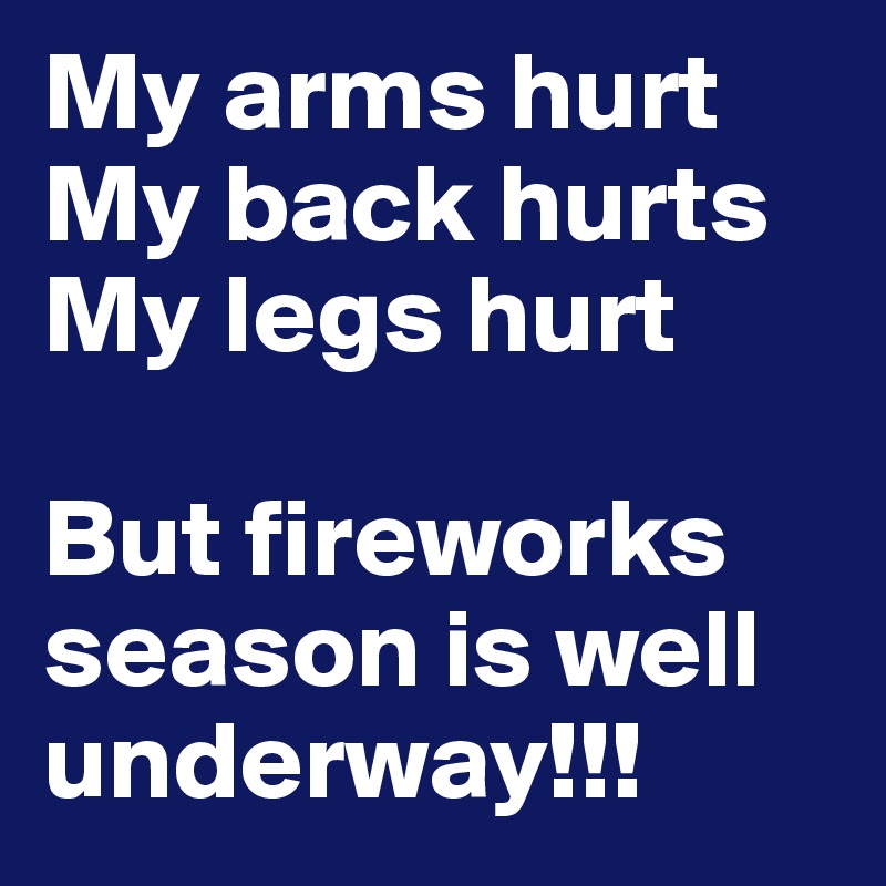 My arms hurt
My back hurts
My legs hurt

But fireworks season is well underway!!! 