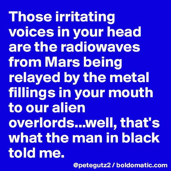 Those irritating voices in your head are the radiowaves from Mars being relayed by the metal fillings in your mouth to our alien overlords...well, that's what the man in black told me.