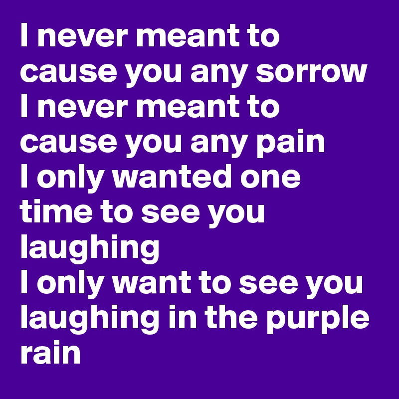 I never meant to cause you any sorrow
I never meant to cause you any pain
I only wanted one time to see you laughing
I only want to see you laughing in the purple rain
