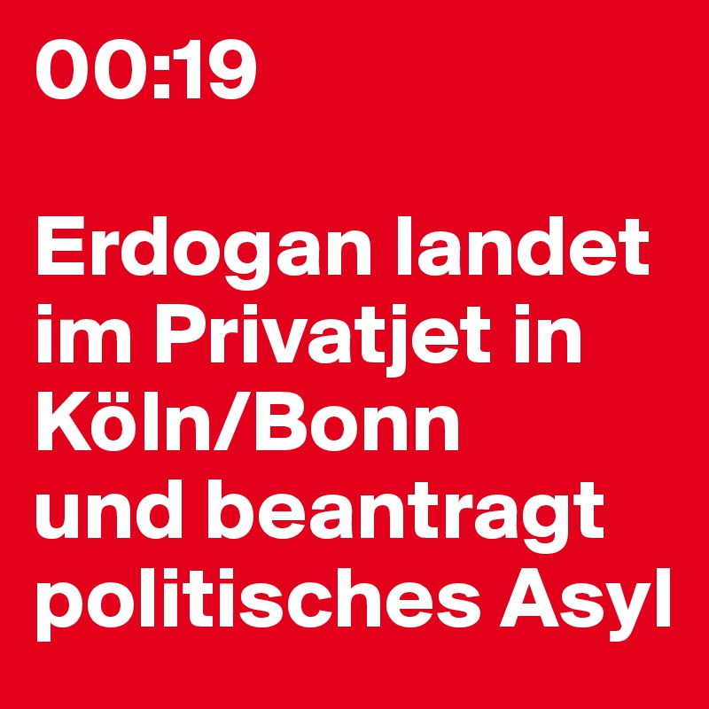 00:19

Erdogan landet im Privatjet in Köln/Bonn 
und beantragt politisches Asyl