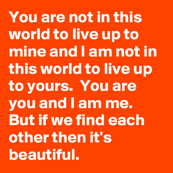You are not in this world to live up to mine and I am not in this world to live up to yours.  You are you and I am me. But if we find each other then it's beautiful. 