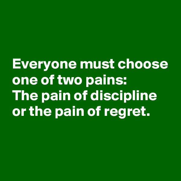 
 

 Everyone must choose
 one of two pains:
 The pain of discipline
 or the pain of regret.



