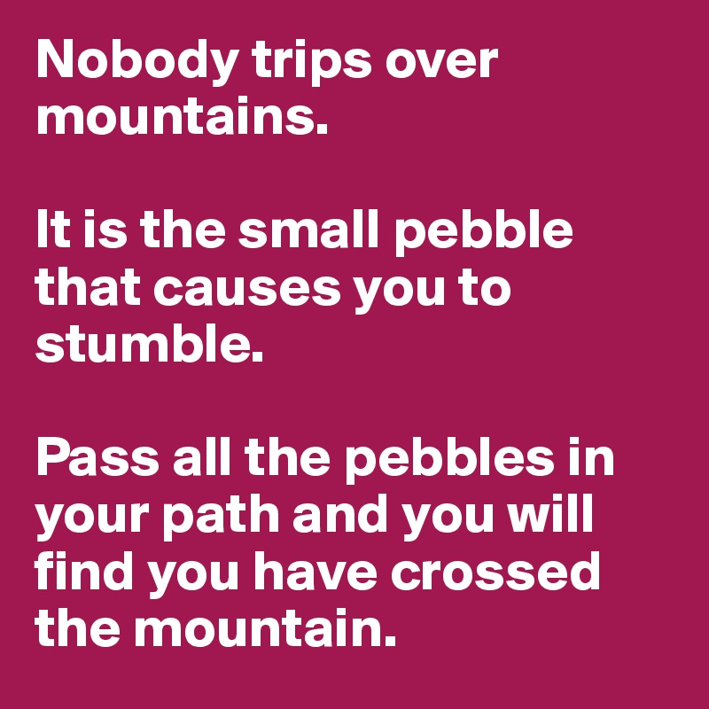 Nobody trips over mountains. 

It is the small pebble that causes you to stumble.

Pass all the pebbles in your path and you will find you have crossed the mountain. 