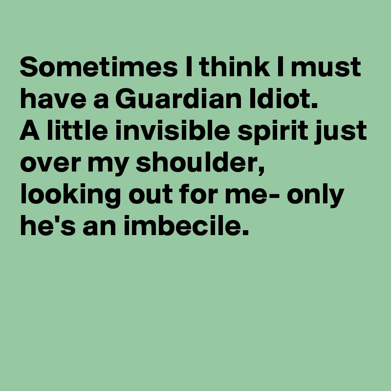 
Sometimes I think I must have a Guardian Idiot. 
A little invisible spirit just over my shoulder, looking out for me- only he's an imbecile.



