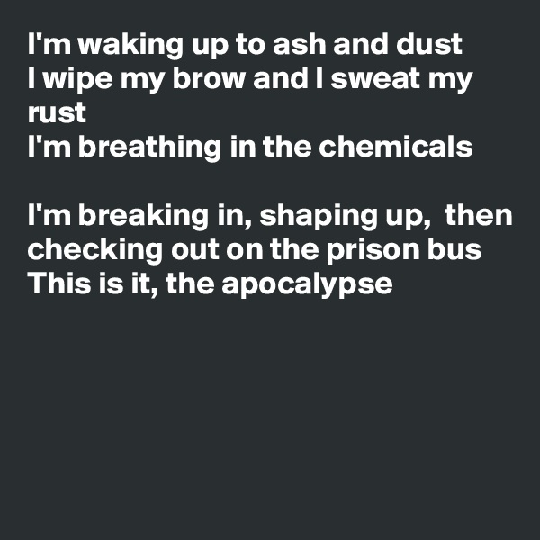 I'm waking up to ash and dust
I wipe my brow and I sweat my rust
I'm breathing in the chemicals

I'm breaking in, shaping up,  then checking out on the prison bus
This is it, the apocalypse 






