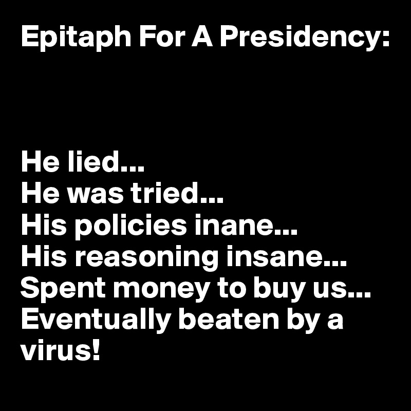 Epitaph For A Presidency:



He lied...
He was tried...
His policies inane...
His reasoning insane...
Spent money to buy us...
Eventually beaten by a virus!