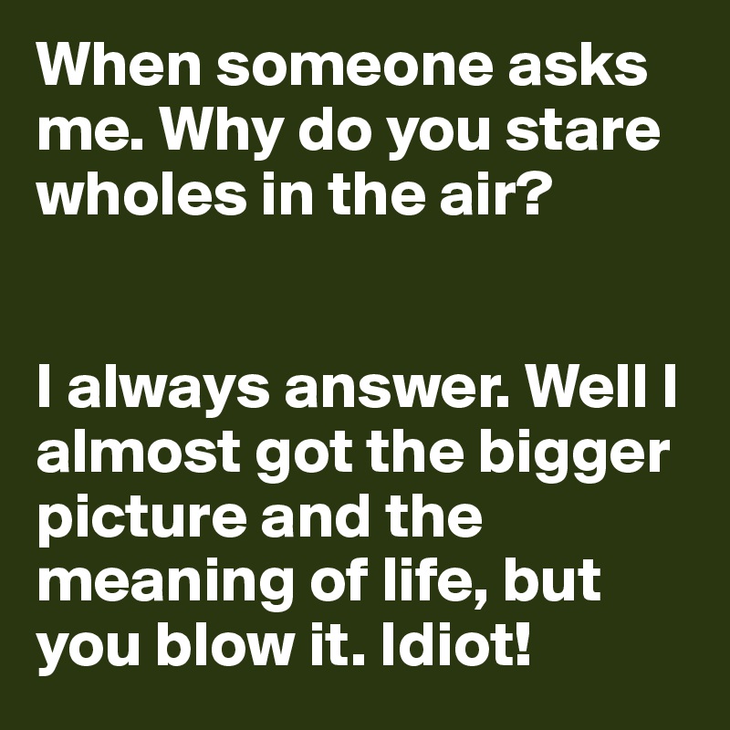 When someone asks me. Why do you stare wholes in the air?


I always answer. Well I almost got the bigger picture and the meaning of life, but you blow it. Idiot!