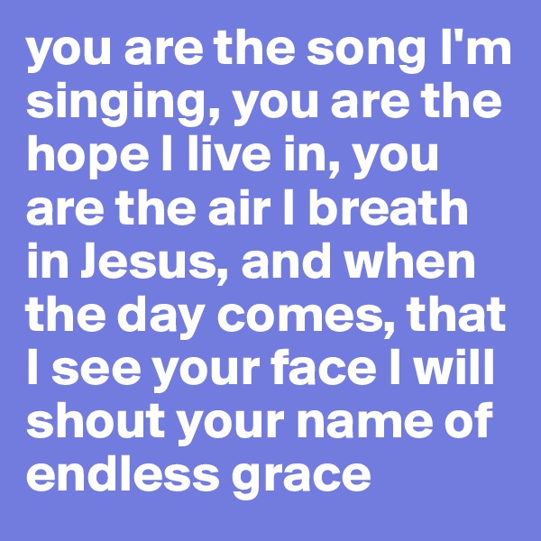 you are the song I'm singing, you are the hope I live in, you are the air I breath in Jesus, and when the day comes, that I see your face I will shout your name of endless grace 