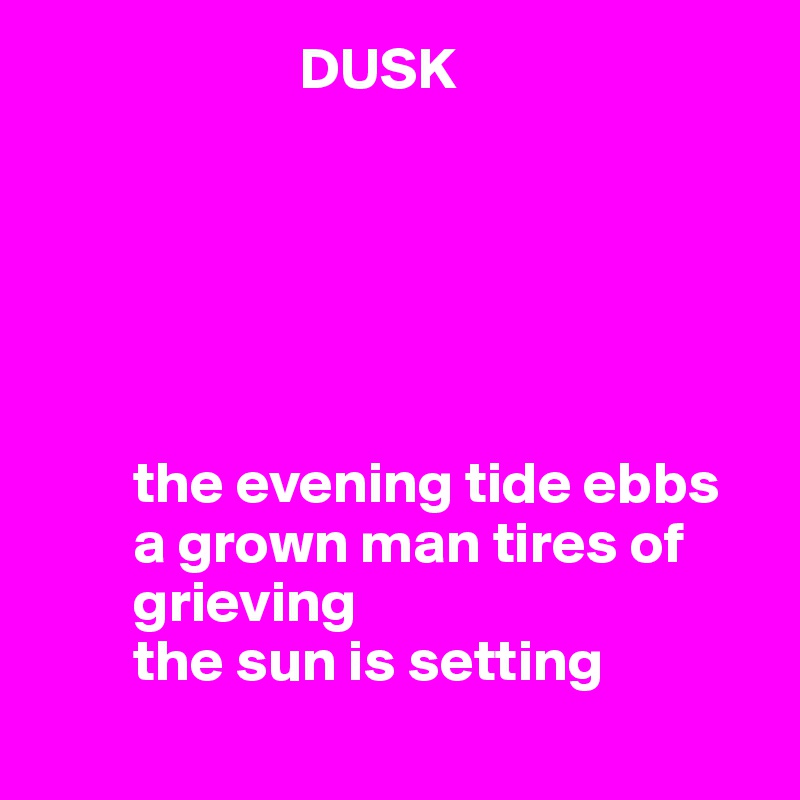                       DUSK






        the evening tide ebbs
        a grown man tires of 
        grieving 
        the sun is setting 
