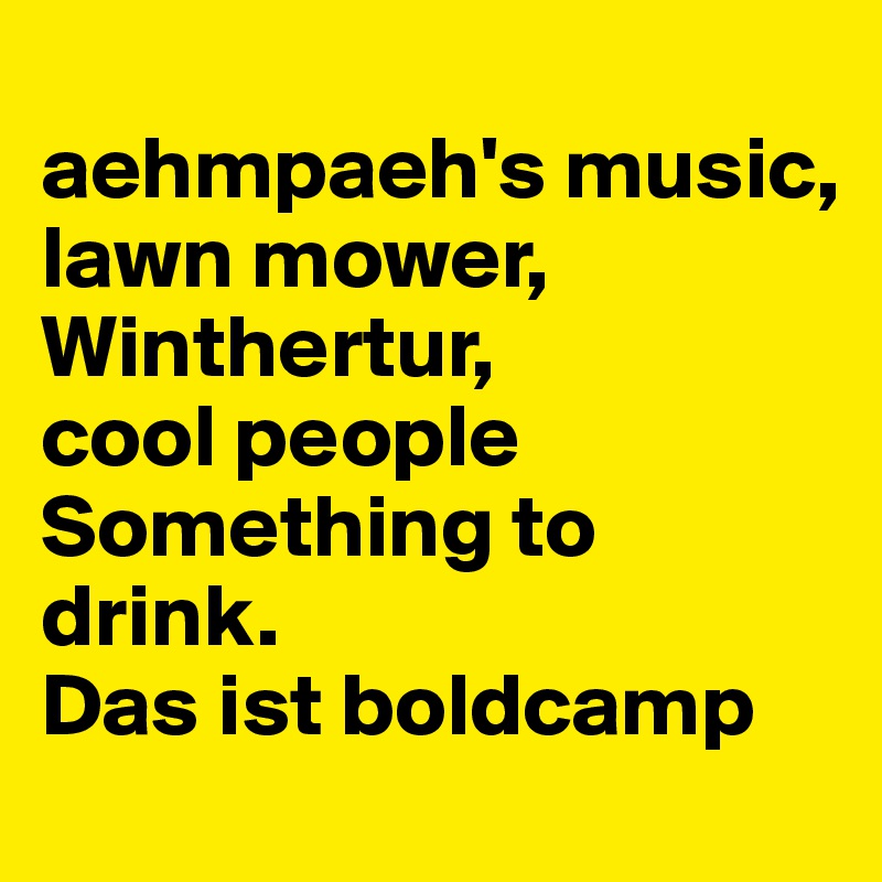 
aehmpaeh's music,
lawn mower, Winthertur,
cool people
Something to drink. 
Das ist boldcamp