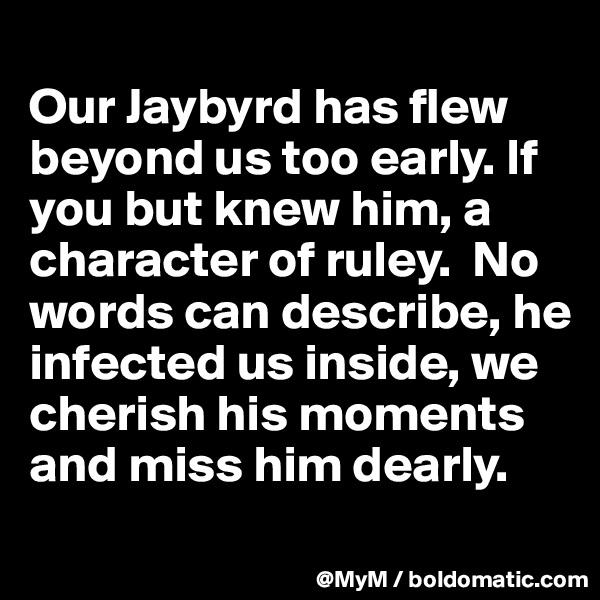 
Our Jaybyrd has flew beyond us too early. If you but knew him, a character of ruley.  No words can describe, he infected us inside, we cherish his moments and miss him dearly. 
