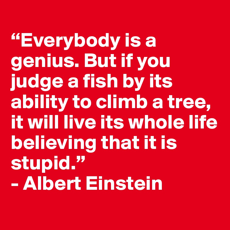
“Everybody is a genius. But if you judge a fish by its ability to climb a tree, it will live its whole life believing that it is stupid.”
- Albert Einstein
