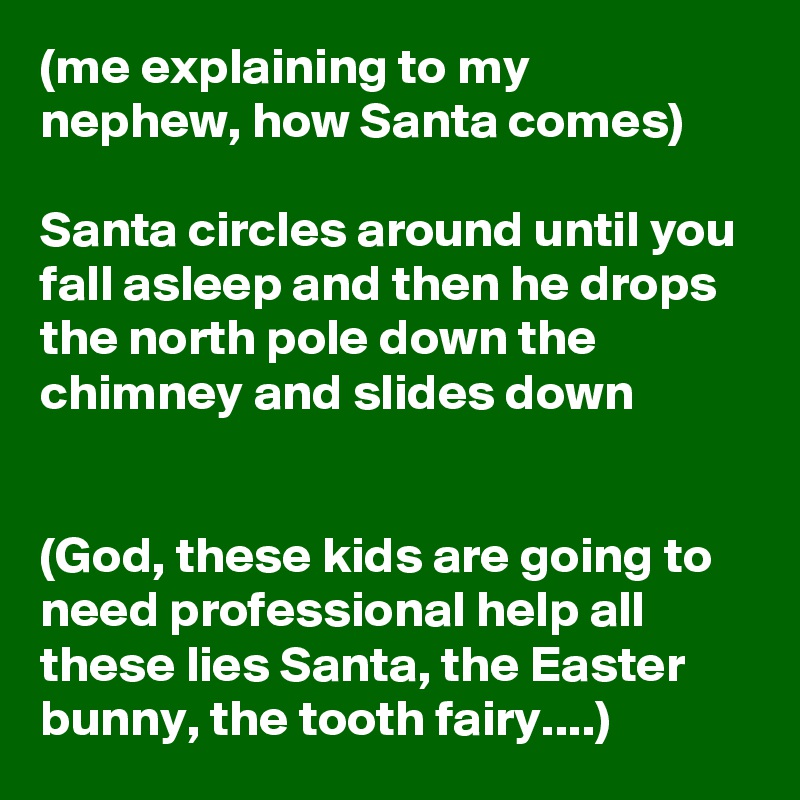 (me explaining to my nephew, how Santa comes)

Santa circles around until you fall asleep and then he drops the north pole down the chimney and slides down


(God, these kids are going to need professional help all these lies Santa, the Easter bunny, the tooth fairy....)