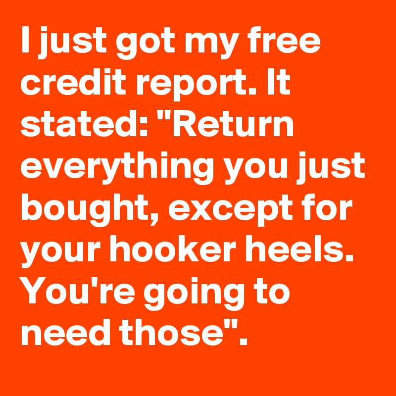 I just got my free credit report. It stated: "Return everything you just bought, except for your hooker heels. You're going to need those".