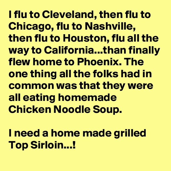 I flu to Cleveland, then flu to Chicago, flu to Nashville, then flu to Houston, flu all the way to California...than finally flew home to Phoenix. The one thing all the folks had in common was that they were all eating homemade Chicken Noodle Soup.

I need a home made grilled Top Sirloin...!