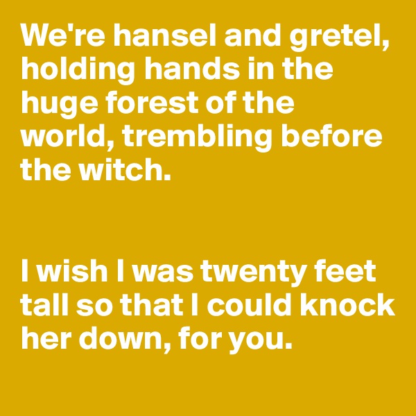 We're hansel and gretel, holding hands in the huge forest of the world, trembling before the witch. 


I wish I was twenty feet tall so that I could knock her down, for you. 