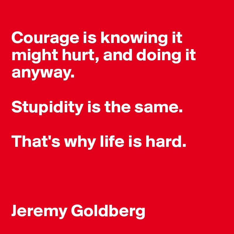 
Courage is knowing it might hurt, and doing it anyway.

Stupidity is the same.

That's why life is hard.



Jeremy Goldberg