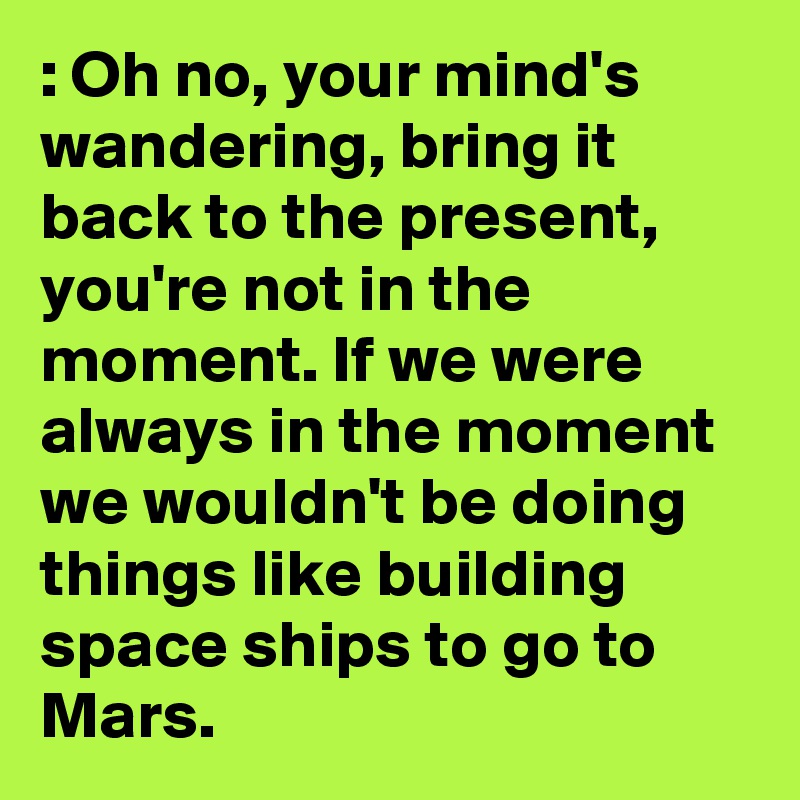 : Oh no, your mind's wandering, bring it back to the present, you're not in the moment. If we were always in the moment we wouldn't be doing things like building space ships to go to Mars.