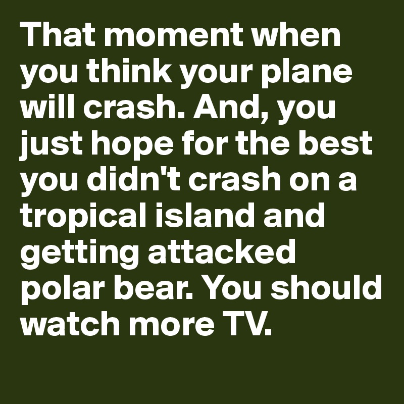 That moment when you think your plane will crash. And, you just hope for the best you didn't crash on a tropical island and getting attacked polar bear. You should watch more TV.