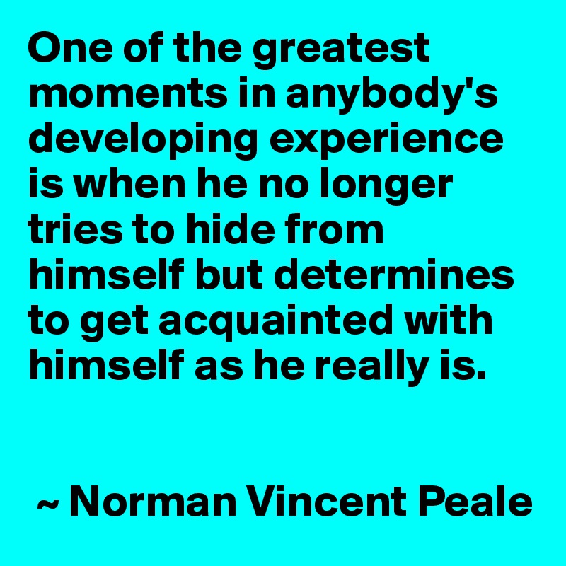 One of the greatest moments in anybody's developing experience is when he no longer tries to hide from himself but determines to get acquainted with himself as he really is.


 ~ Norman Vincent Peale