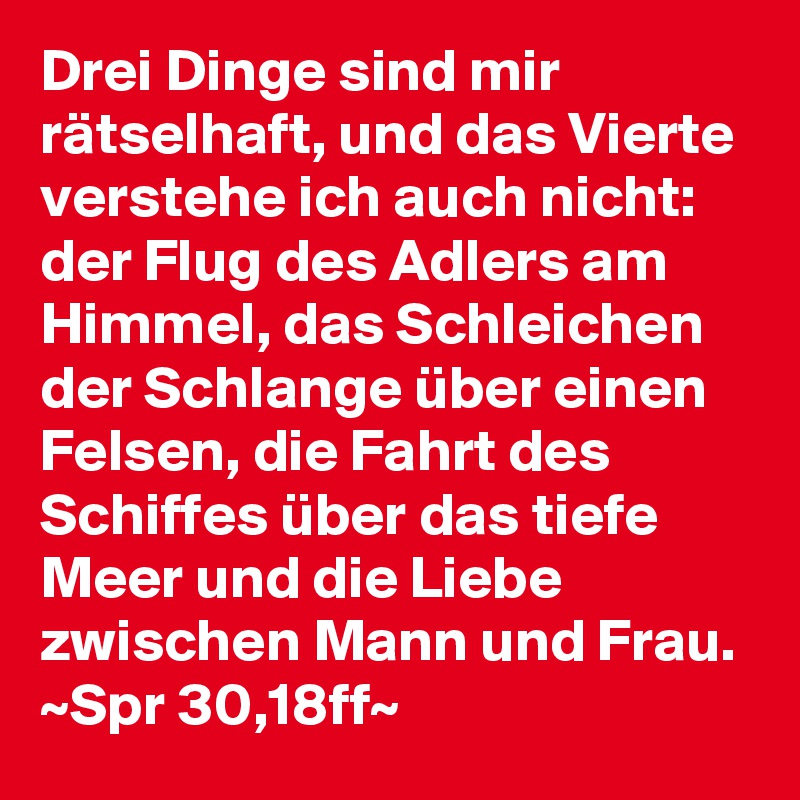 Drei Dinge sind mir rätselhaft, und das Vierte verstehe ich auch nicht: der Flug des Adlers am Himmel, das Schleichen der Schlange über einen Felsen, die Fahrt des Schiffes über das tiefe Meer und die Liebe zwischen Mann und Frau.
~Spr 30,18ff~