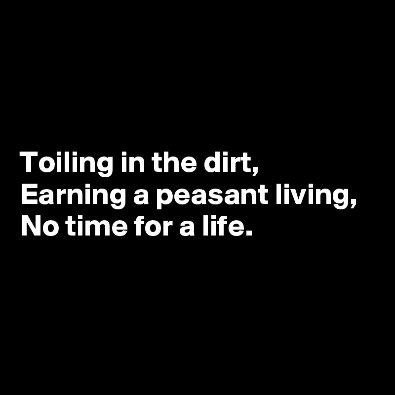 



Toiling in the dirt, 
Earning a peasant living, 
No time for a life.


