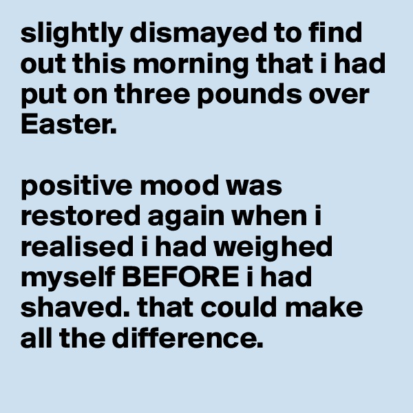 slightly dismayed to find out this morning that i had put on three pounds over Easter.

positive mood was restored again when i realised i had weighed myself BEFORE i had shaved. that could make all the difference. 
