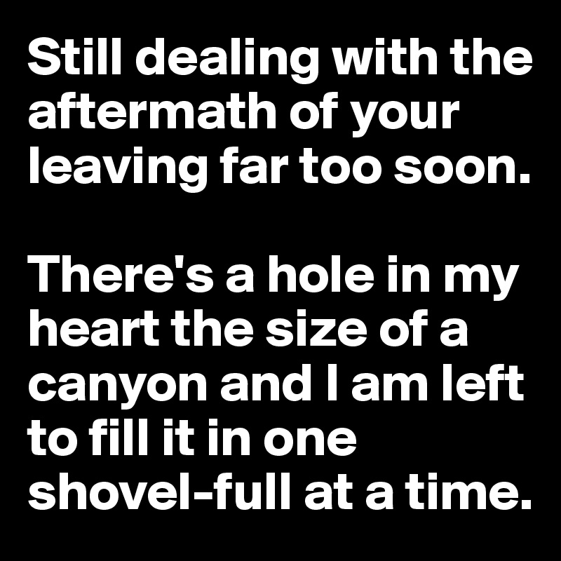 Still dealing with the aftermath of your leaving far too soon. 

There's a hole in my heart the size of a canyon and I am left to fill it in one shovel-full at a time.