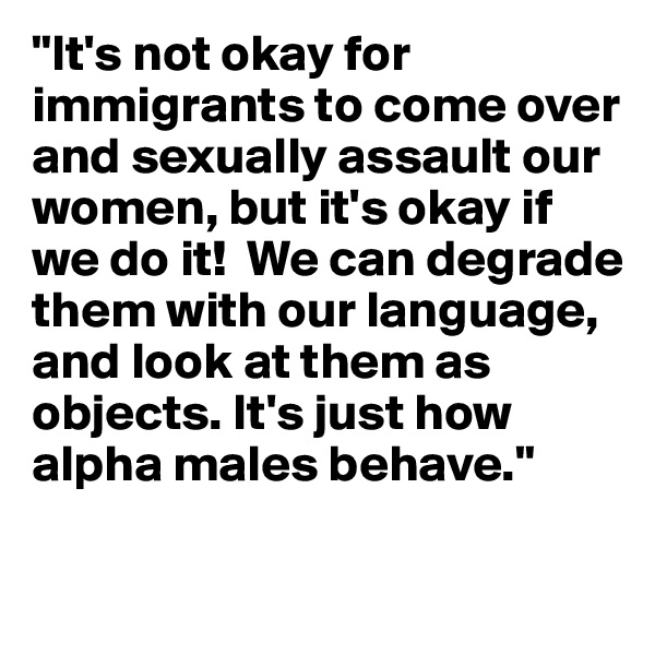 "It's not okay for immigrants to come over and sexually assault our women, but it's okay if we do it!  We can degrade them with our language, and look at them as objects. It's just how alpha males behave." 

