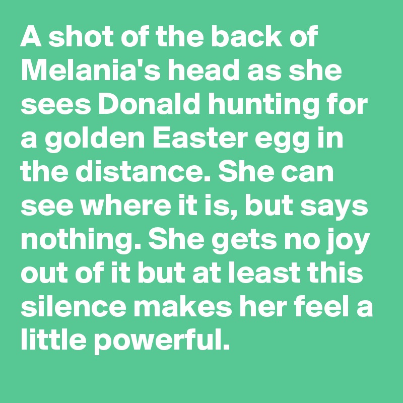 A shot of the back of Melania's head as she sees Donald hunting for a golden Easter egg in the distance. She can see where it is, but says nothing. She gets no joy out of it but at least this silence makes her feel a little powerful.