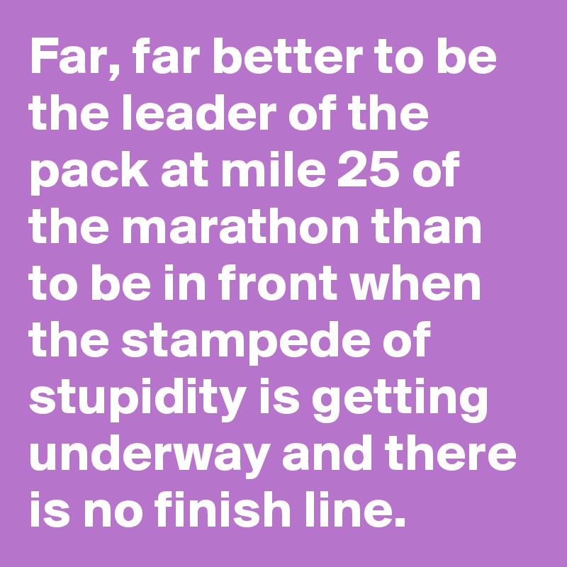 Far, far better to be the leader of the pack at mile 25 of the marathon than to be in front when the stampede of stupidity is getting underway and there is no finish line.