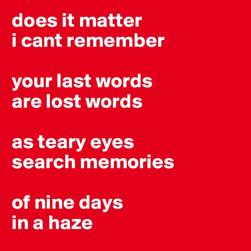 does it matter 
i cant remember 

your last words 
are lost words 

as teary eyes 
search memories

of nine days
in a haze