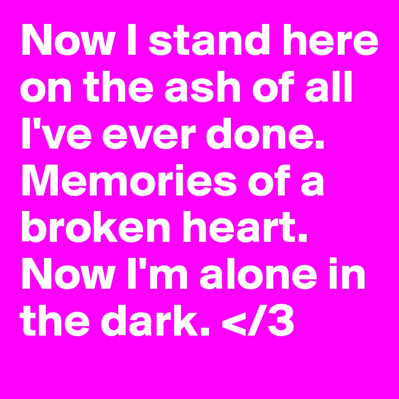 Now I stand here on the ash of all I've ever done. Memories of a broken heart. Now I'm alone in the dark. </3