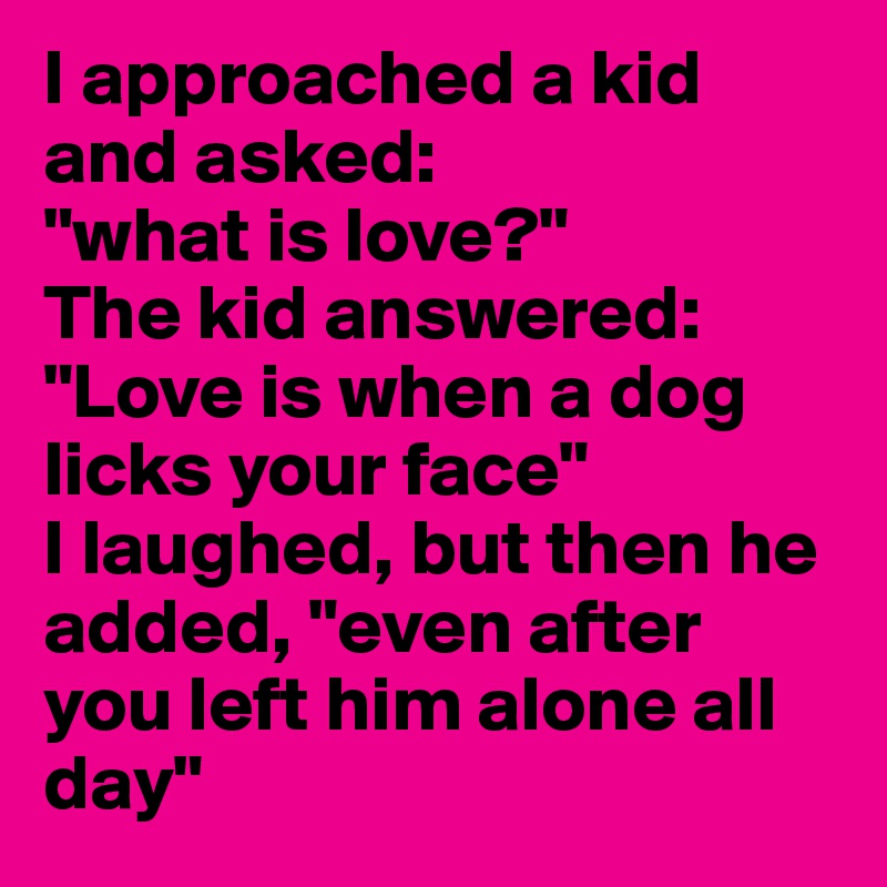 I approached a kid and asked: 
"what is love?" 
The kid answered: "Love is when a dog licks your face" 
I laughed, but then he added, "even after you left him alone all day" 