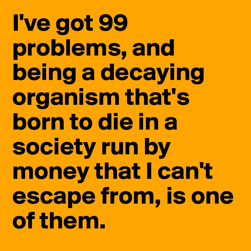 I've got 99 problems, and being a decaying organism that's born to die in a society run by money that I can't escape from, is one of them. 