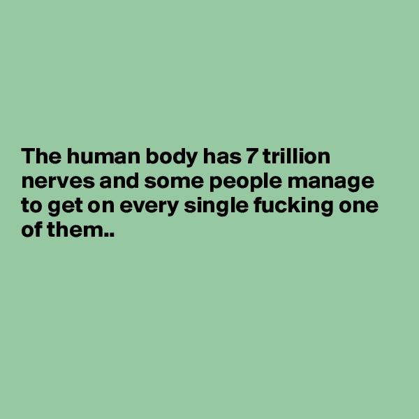 




The human body has 7 trillion nerves and some people manage to get on every single fucking one of them..





