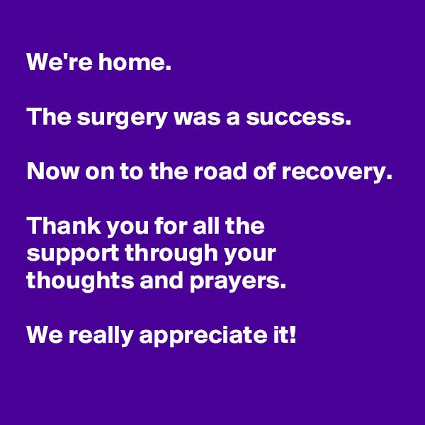 
 We're home.

 The surgery was a success.

 Now on to the road of recovery.

 Thank you for all the
 support through your
 thoughts and prayers.

 We really appreciate it!
