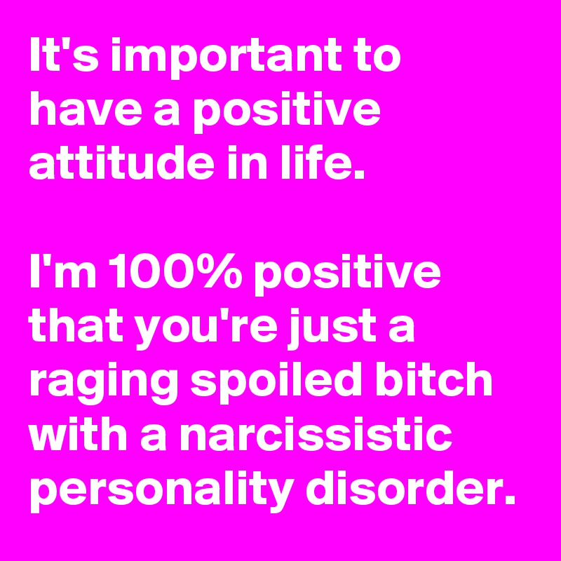 It's important to have a positive attitude in life.

I'm 100% positive that you're just a raging spoiled bitch with a narcissistic personality disorder.
