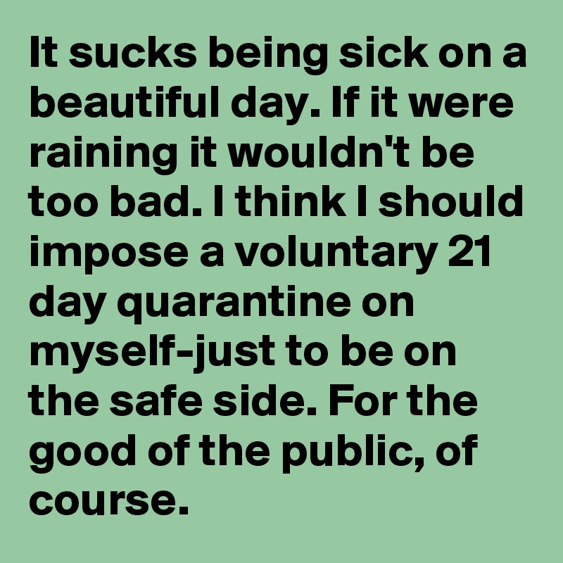 It sucks being sick on a beautiful day. If it were raining it wouldn't be too bad. I think I should impose a voluntary 21 day quarantine on myself-just to be on the safe side. For the good of the public, of course.