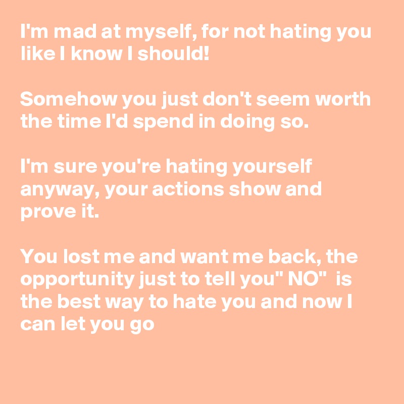 I'm mad at myself, for not hating you like I know I should! 

Somehow you just don't seem worth the time I'd spend in doing so.

I'm sure you're hating yourself anyway, your actions show and prove it.

You lost me and want me back, the opportunity just to tell you" NO"  is the best way to hate you and now I can let you go      

