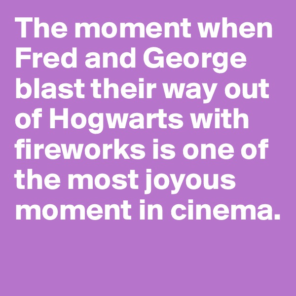 The moment when Fred and George blast their way out of Hogwarts with fireworks is one of the most joyous moment in cinema.
