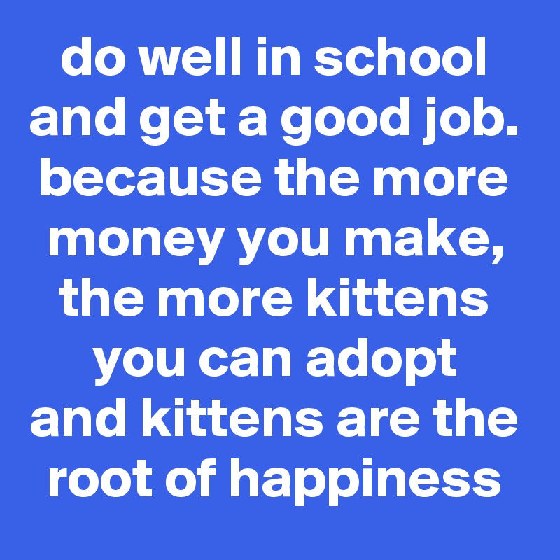 do well in school and get a good job.
because the more money you make,
the more kittens you can adopt
and kittens are the root of happiness