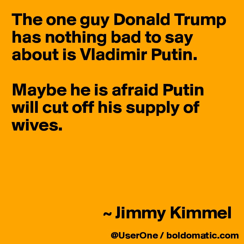 The one guy Donald Trump has nothing bad to say about is Vladimir Putin.

Maybe he is afraid Putin will cut off his supply of wives.




                          ~ Jimmy Kimmel