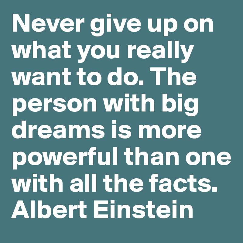 Never give up on what you really want to do. The person with big dreams is more powerful than one with all the facts.
Albert Einstein