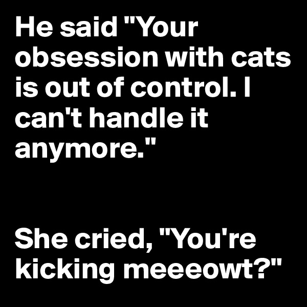He said "Your obsession with cats is out of control. I can't handle it anymore." 


She cried, "You're kicking meeeowt?"