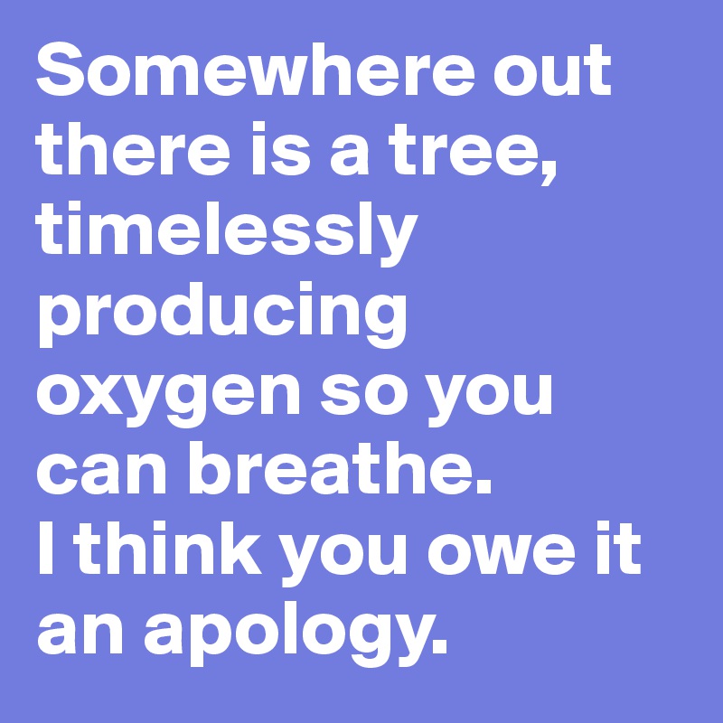 Somewhere out there is a tree, timelessly producing oxygen so you can breathe.
I think you owe it an apology.